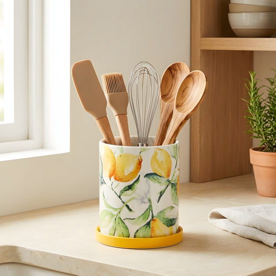 Lemon Pattern Porcelain Utensil Holder Large